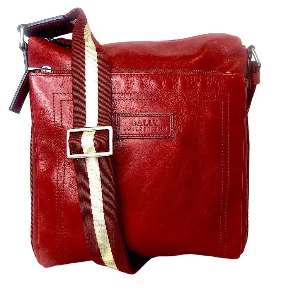 BALLY Red Leather Top Zip Crossbody Shoulder Bag w Red White Striped Strap EUC
